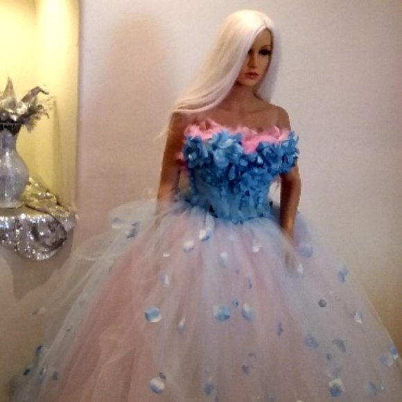 SAMPLE GOWN SET ONLY - PRUDENCE Blue Bloom Pink Feather Wedding Ballgown Set - Picture 1 of 9